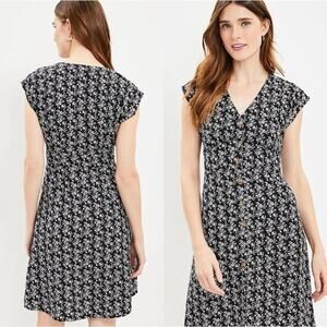 Womens Loft V-Neck Button Mini Shift Dress Black Floral Print Linen-Blend Size 8